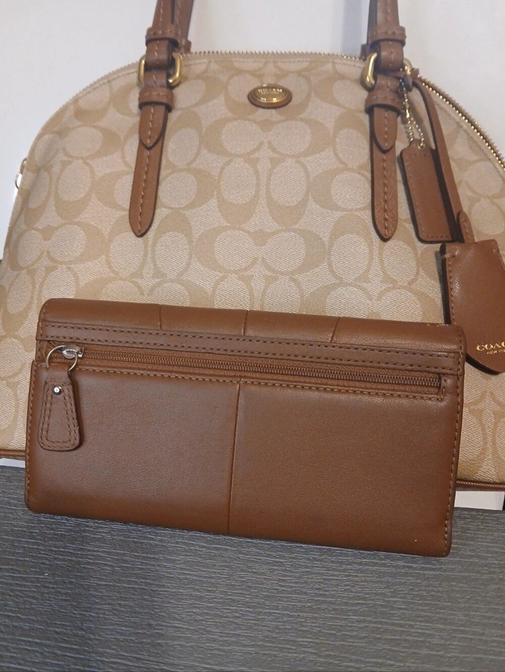Coach Beige Signature Canvas Dome Satchel with Brown Leather Wallet - Picture 2 of 9